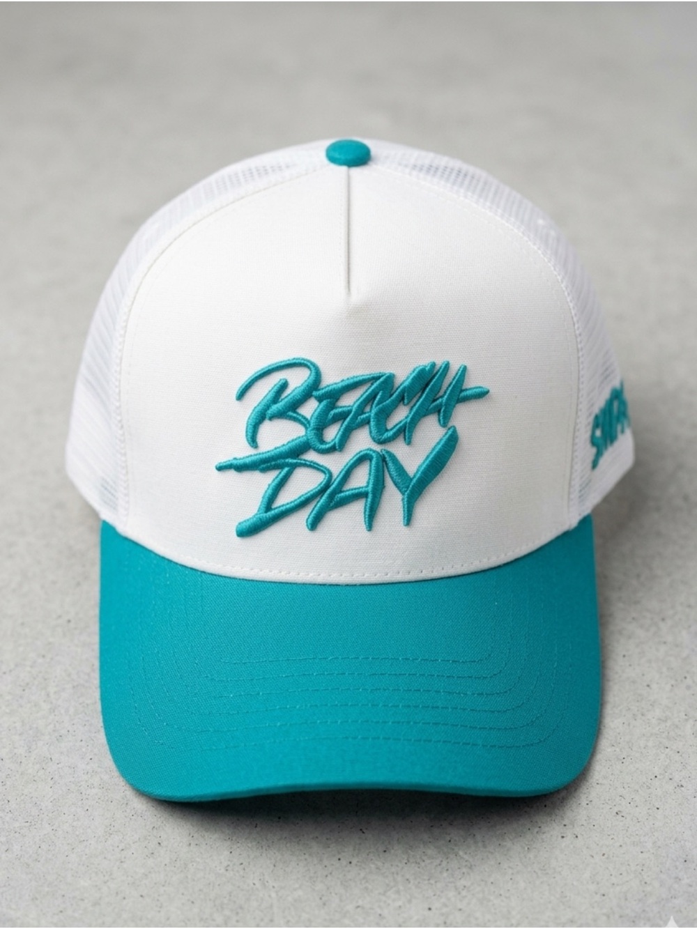 Beach Bay Embroidered Trucker Hat - White & Teal